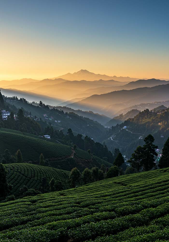 Tea gardens at sunrise near Darjeeling